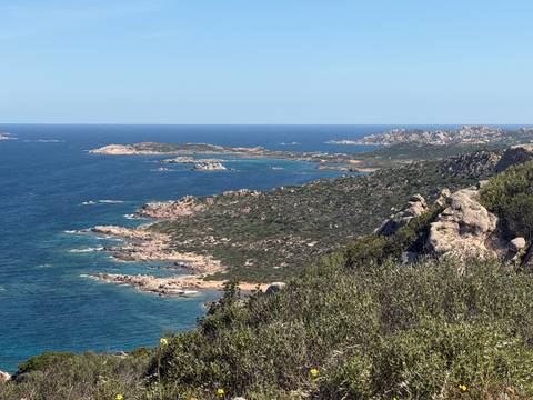       Expansive coastal panorama of craggy peninsulas and blue sea around the La Maddalena archipelago.
  