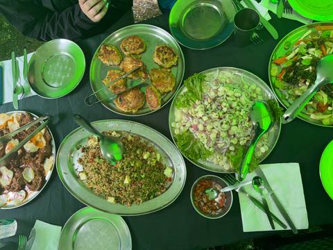       Buffet-style camp lunch with salads, patties and sides on metal trays under green tent light.
  