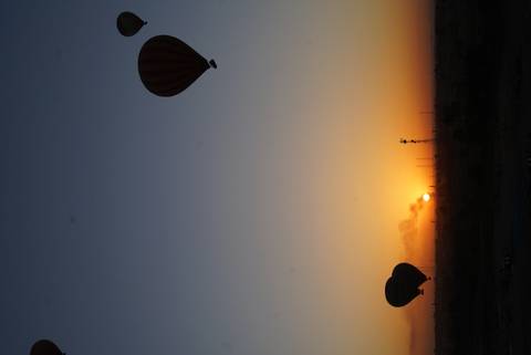       Silhouettes of hot-air balloons floating against a glowing sunrise sky above the desert plain.
  