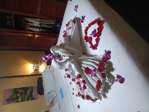       Hotel bed decorated with towel swans, orchid flowers and rose-petal heart for guests.
  