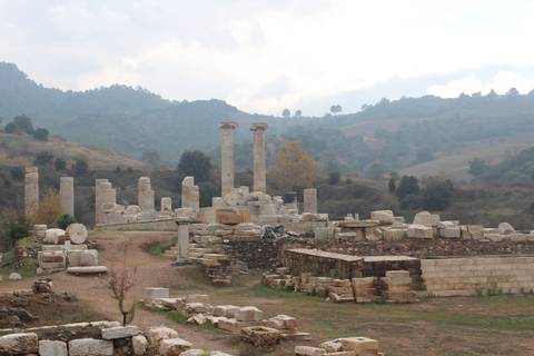       Ruined stone columns and scattered blocks of an ancient Anatolian archaeological site under overcast skies.
  