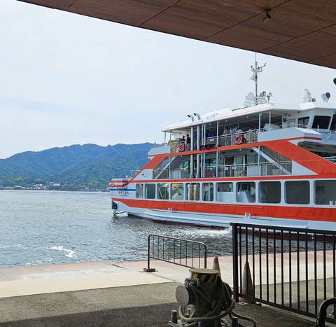       A red and white JR ferry departs across calm water toward forested hills and a coastal town.
  