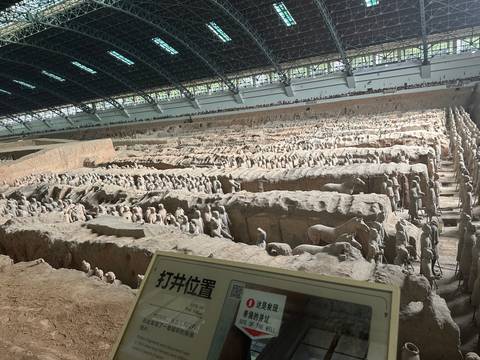       Wide overhead view of Terracotta Army excavation hall filled with rows of clay warriors and animals
  