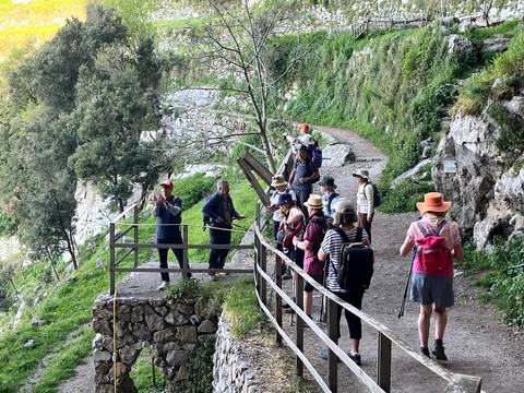       Hikers pause on a wooded trail overlooking a gorge while taking photos and enjoying the view
  