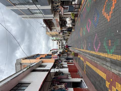       Narrow pedestrian street lined with colorful colonial buildings and patterned paving under a cloudy sky.
  