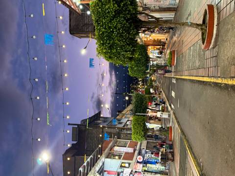       Pedestrian street at twilight lit by strings of bulbs with purple dusk sky above.
  