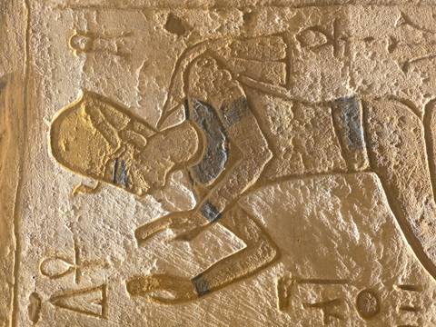       Close-up relief of pharaoh offering gesture, highlighted by sunlight.
  