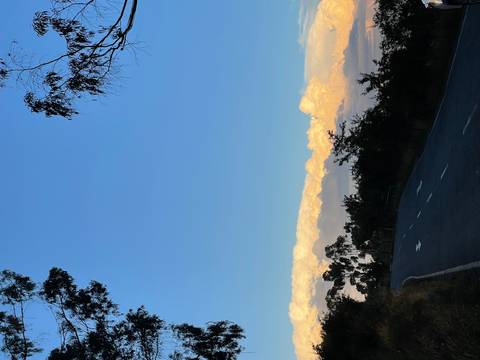       Empty asphalt road curving beneath a vast blue sky and low golden clouds at dusk
  