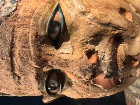       Close-up detail of an ancient preserved mummy face with weathered skin and inlaid eyes.
  