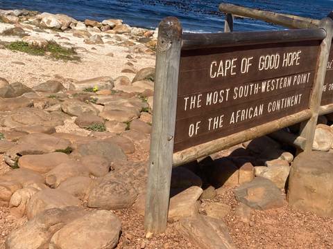       Wooden sign marking Cape of Good Hope, most south-western point of Africa.
  