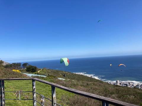       Several colorful paragliders soaring above Signal Hill with Cape Town and the Atlantic Ocean below
  