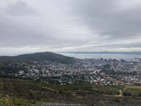       Wide view across Cape Town neighborhoods towards Table Bay under gray skies
  