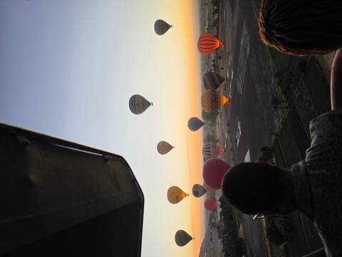       Dozens of illuminated hot-air balloons preparing for sunrise lift-off over farmlands.
  