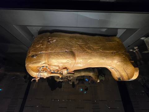       Side view of an ornate golden sarcophagus inside a museum with several onlookers behind the display case.
  