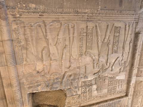       Detailed wall relief featuring Egyptian gods and hieroglyphs carved into sandstone temple walls.
  