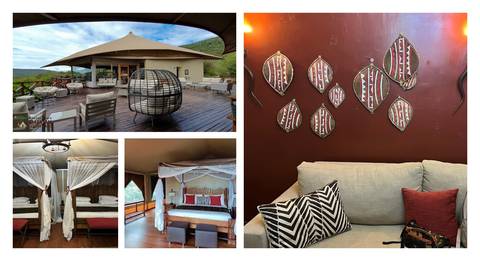       Collage highlighting tented safari lodge interiors, deck and African-themed decor elements.
  