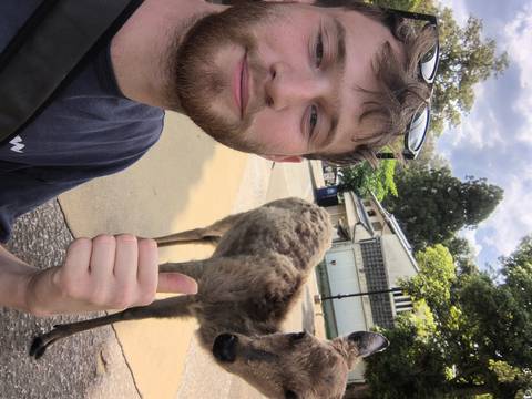       Close-up selfie of a young man giving a thumbs-up next to a friendly deer in a park with trees and traditional buildings in the background.
  