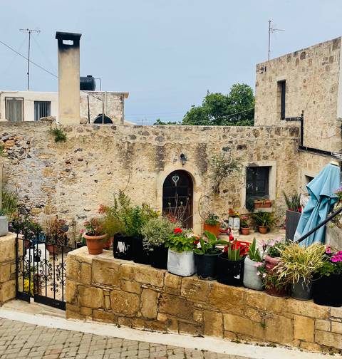       Charming stone courtyard with arched wooden door, climbing vines and potted flowers on a Greek island.
  