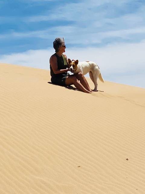       A traveller sits with a friendly dog on the side of a tall golden sand dune under a pale sky.
  