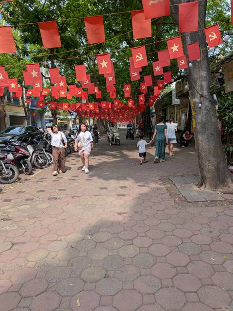      Tree-lined Hanoi street decked with Vietnamese flags; locals stroll and scooters park.
  