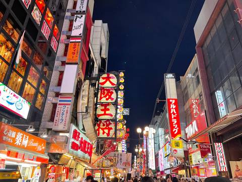       Night scene of Osaka’s Dotonbori with bright neon shop signs and bustling crowds
  