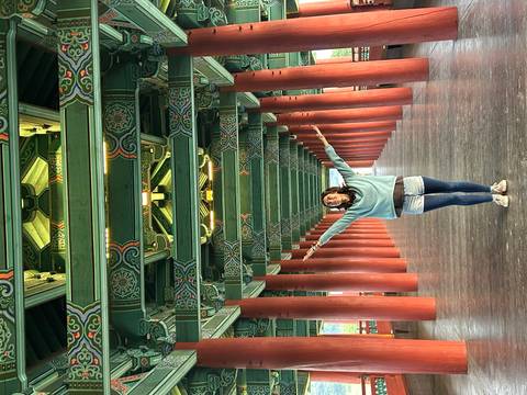       Young traveller standing arms wide in a vast green-painted wooden hall lined with red columns.
  