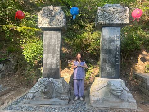      Visitor in temple stay clothing standing prayerfully between two tall stone tablets engraved with Hanja.
  