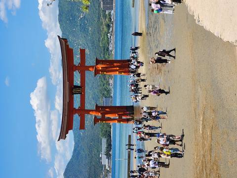       Crowds gather around the towering vermilion torii gate of Itsukushima Shrine at low tide
  