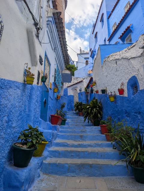       A steep alley of blue-washed walls and colorful flower pots climbs upward in Chefchaouen’s medina.
  