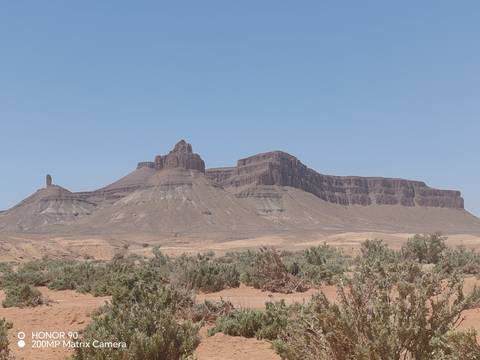       Wide view of a rugged mesa-like rock formation rising from a barren desert plain under a bright blue sky with sparse shrubs in the foreground.
  