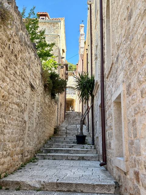       Narrow stone alleyway with steep steps, greenery and sunshine at the top in Korčula.
  