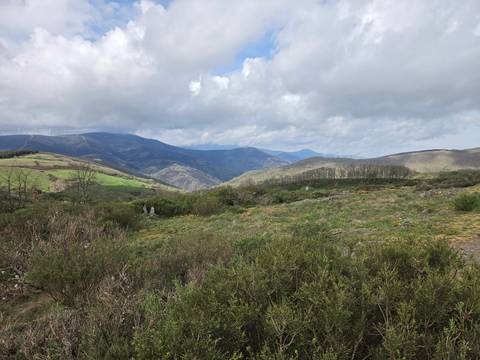       Expansive green and rocky Galician mountain landscape under partly cloudy sky.
  
