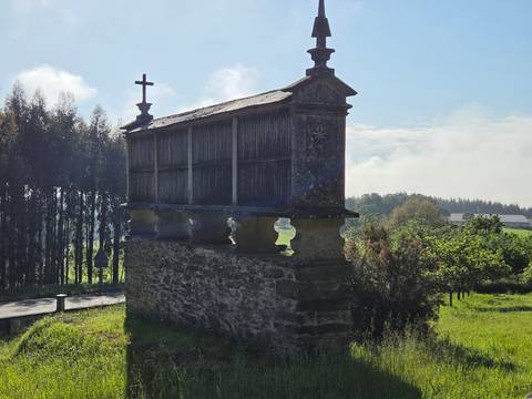       Traditional stone hórreo granary with misty forest backdrop in morning light.
  