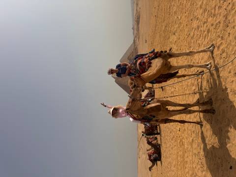       Two travellers ride camels across golden desert sands with the pyramids rising in the haze behind them.
  