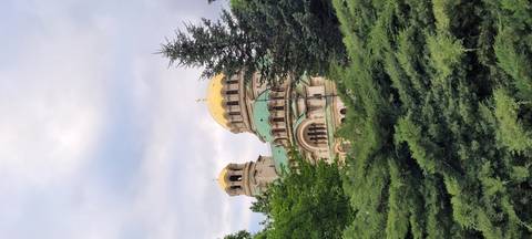       Golden-domed Alexander Nevsky Cathedral rising above lush greenery under soft clouds
  
