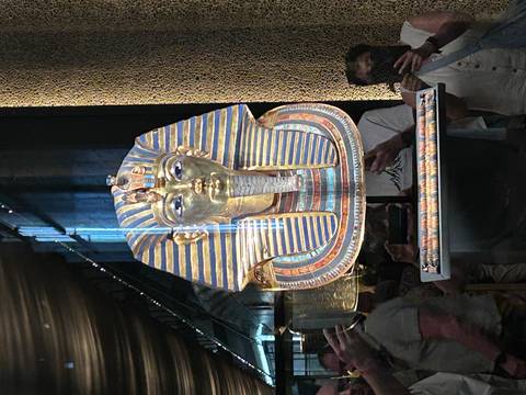       The famous golden funerary mask of Tutankhamun on display at the Egyptian Museum
  