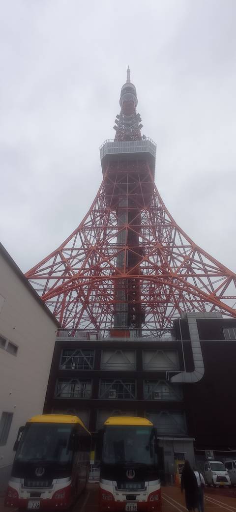       Close perspective of the red lattice steel structure of Tokyo Tower rising into a grey sky.
  