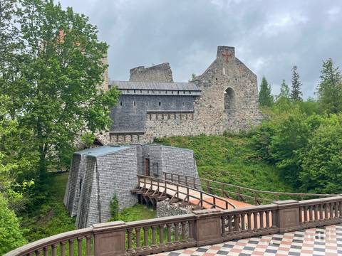       Ruined medieval castle walls surrounded by dense green forest and wooden walkway.
  
