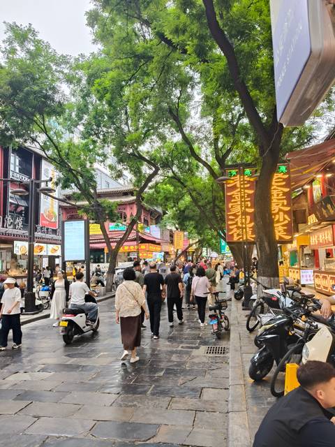       Bustling food street lined with neon signs and trees in Xi'an
  