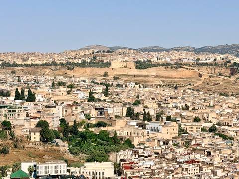       Expansive panoramic view over the densely packed beige buildings and ancient walls of Fes
  