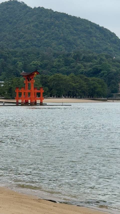       Iconic orange torii gate of Itsukushima Shrine standing in the water with forested shore behind.
  