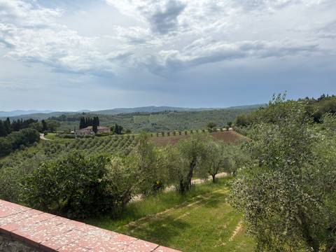       Wide view over rolling Tuscan hills with olive groves, a farmhouse, cypress trees and dramatic clouds.
  