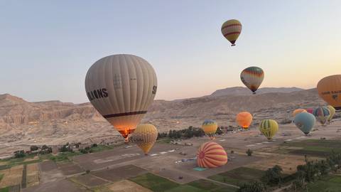       Colorful hot-air balloons rising over the Nile Valley at dawn with desert hills beyond.
  
