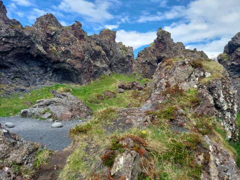       Rugged volcanic rock formations with patches of bright green moss under a blue sky.
  