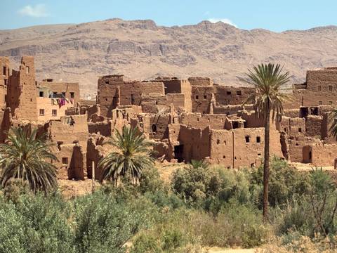       Earthen kasbah ruins with palm trees set against arid mountains.
  