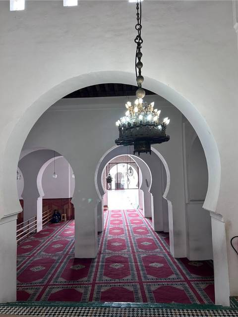       Elegant whitewashed arches and ornate chandelier inside a Moroccan mosque with patterned red carpet
  