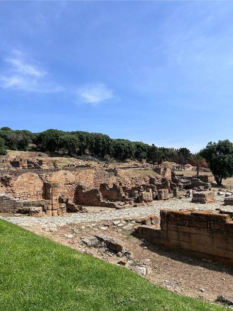       Sun-lit stone ruins and arches of an ancient Roman site set against green trees and blue sky
  