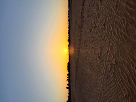      Orange sun setting over flat desert sands leaving rippled patterns in the foreground
  