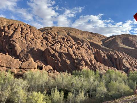       Rugged red rock formations rising against a partly cloudy blue sky with green trees in the foreground.
  