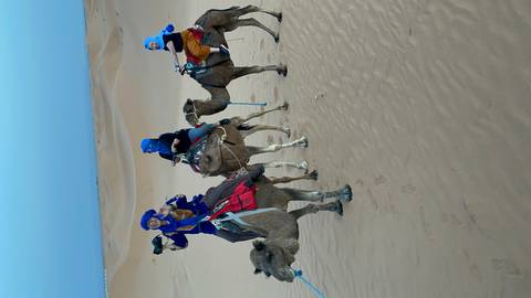       Three travelers dressed in blue headscarves riding camels on sand dunes during daylight
  